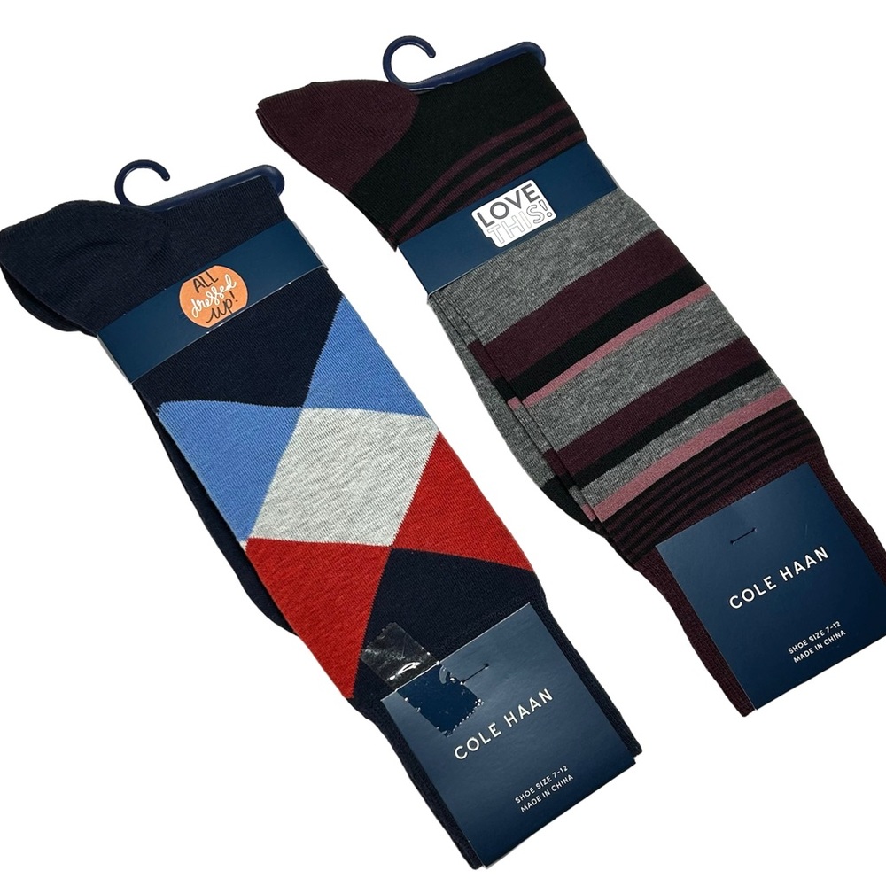 Cole Haan Men’s Dress Socks Multi-Color Cotton Blend 2 Pairs Bundle Shoe Sz 7-12